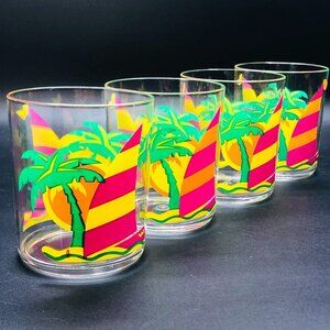 80s Gas station Premium Promo Tropical Sail Boat Plastic Drinking Cup Set of 4